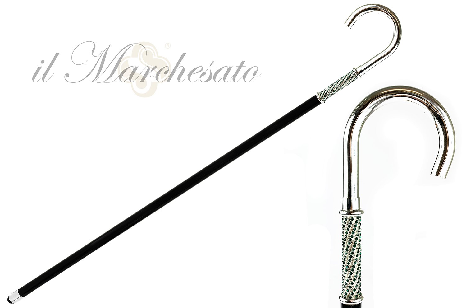 Walking Stick With Silver Plated Handle, Full of Emerald Rhinestones - IL MARCHESATO LUXURY UMBRELLAS, CANES AND SHOEHORNS
