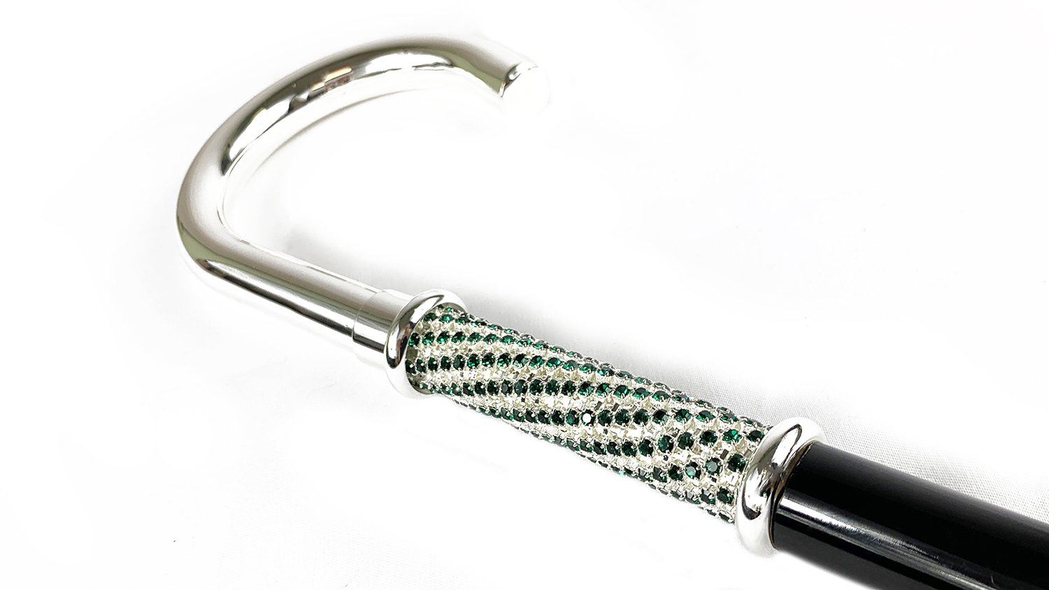 Walking Stick With Silver Plated Handle, Full of Emerald Rhinestones - IL MARCHESATO LUXURY UMBRELLAS, CANES AND SHOEHORNS