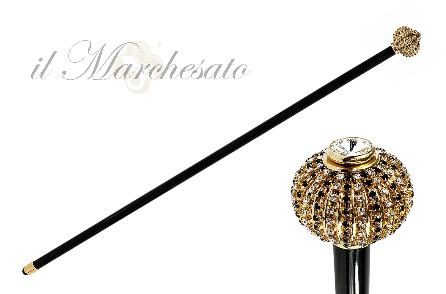 Walking stick with brass onion with black and white crystals