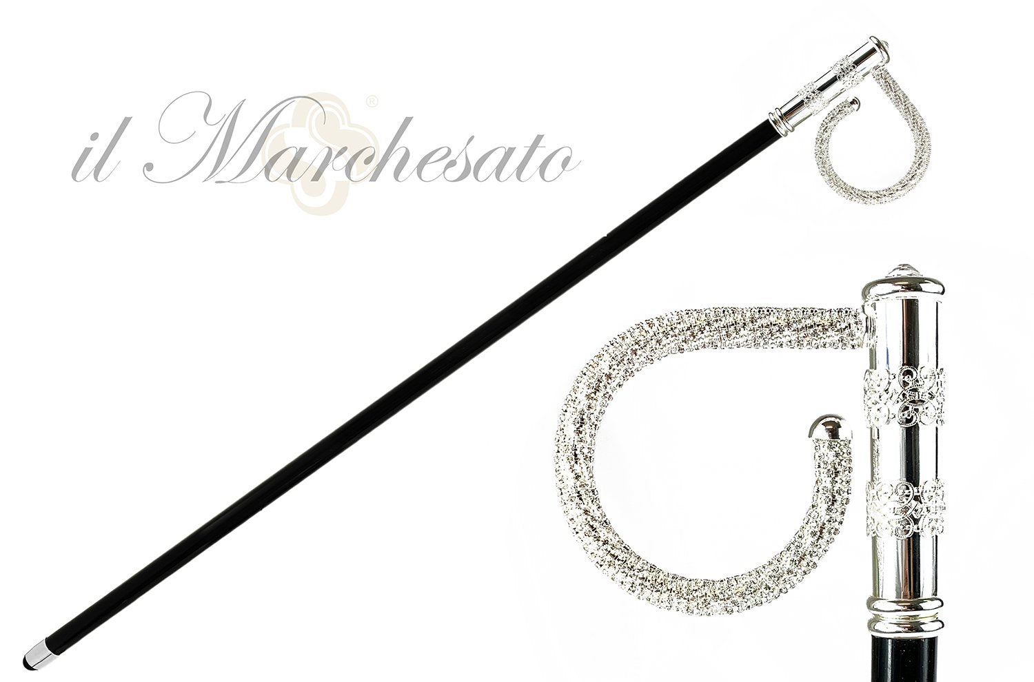 Beauty Walking stick with crystals - Silver-plated 925 - IL MARCHESATO LUXURY UMBRELLAS, CANES AND SHOEHORNS
