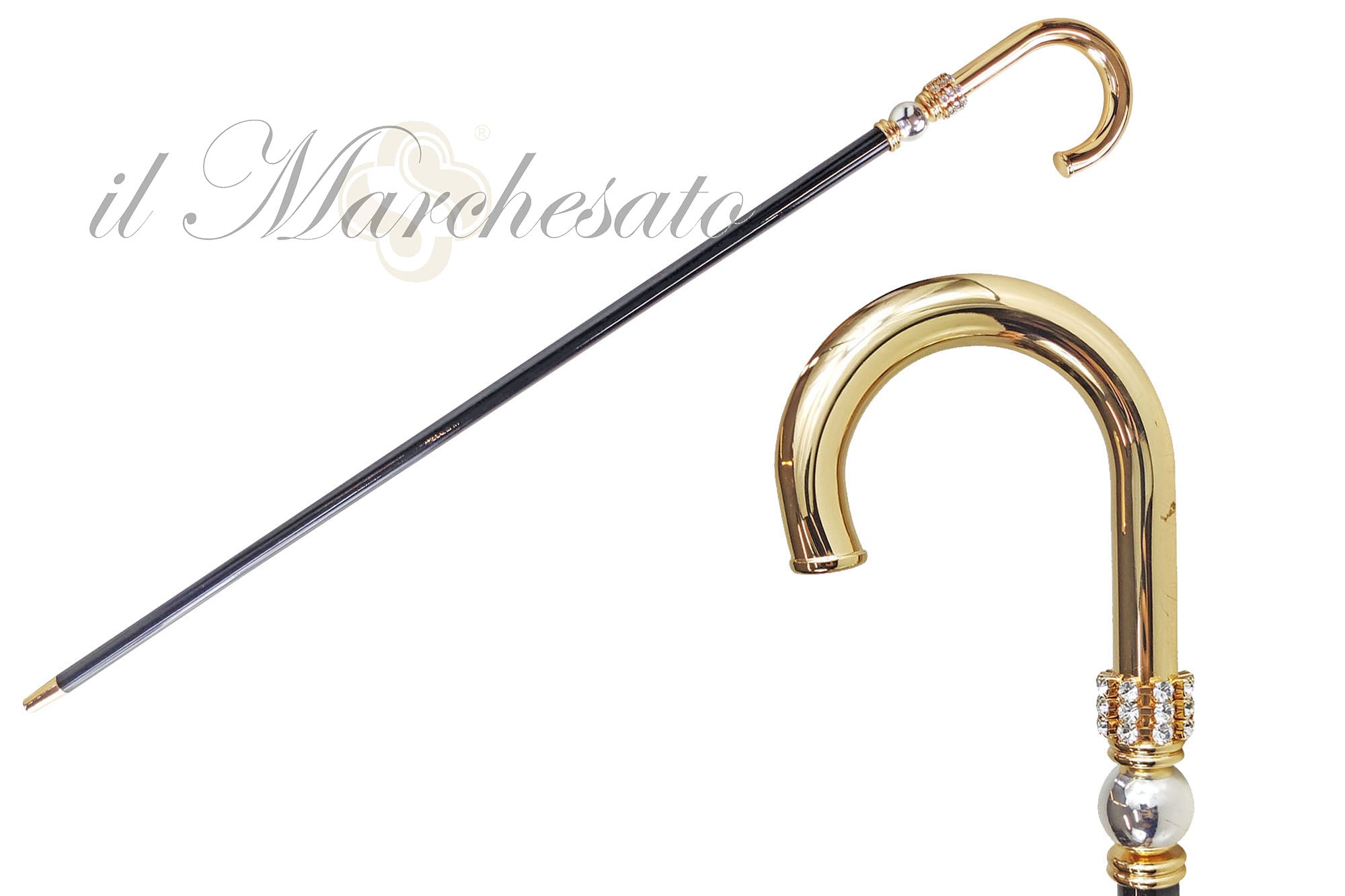 Walking stick for man in brass - 24K goldplated with Silverplated sphere