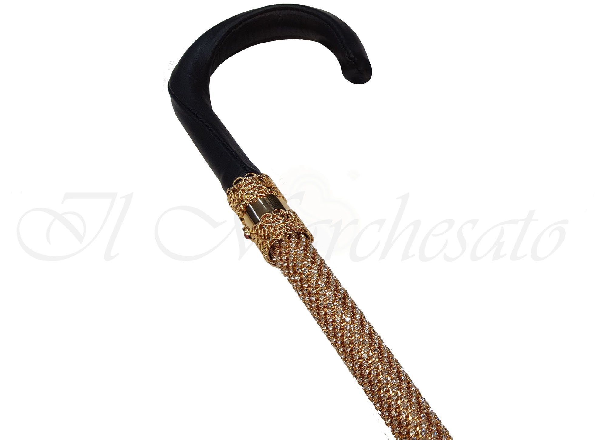 Elegant Walking Cane Encrusted with Swarovski Crystals- Leather Handle - il-marchesato