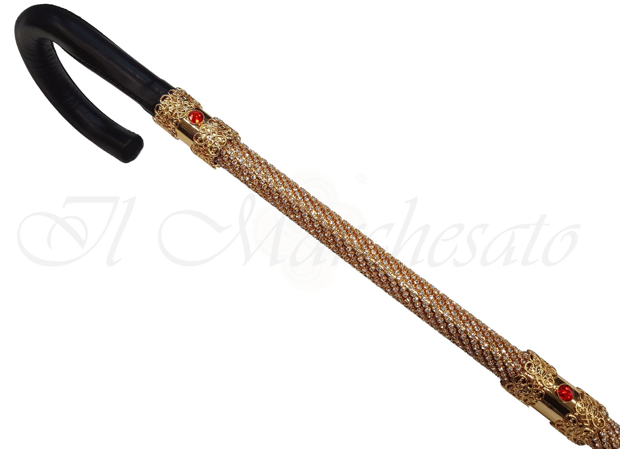Elegant Walking Cane Encrusted with Swarovski Crystals- Leather Handle - il-marchesato