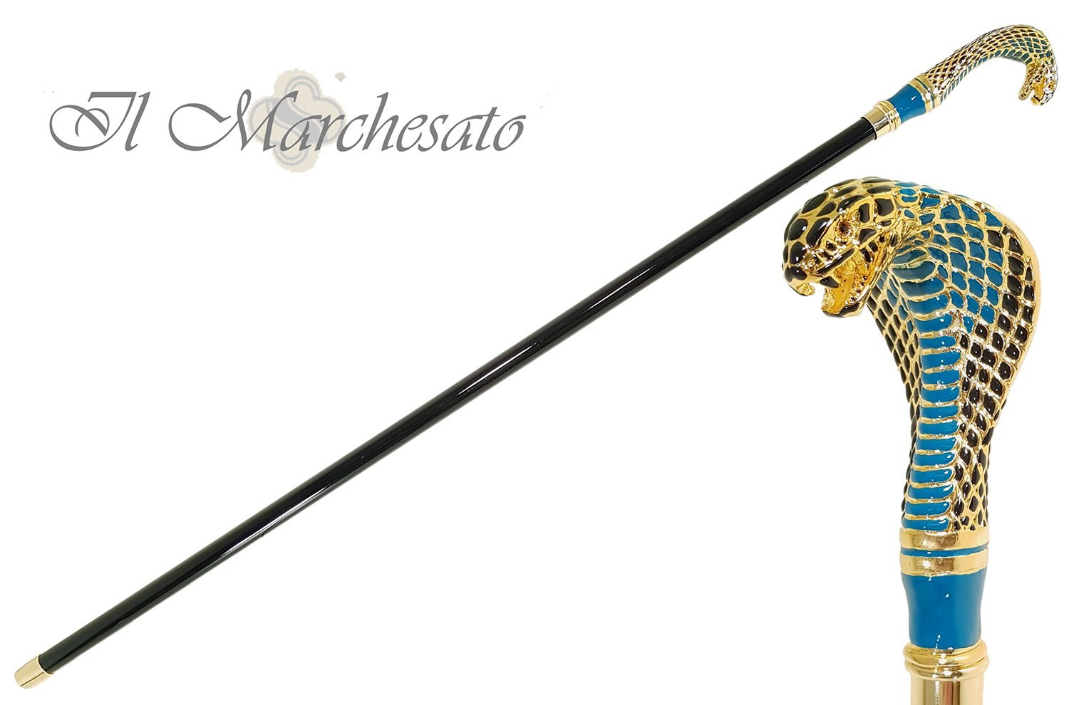 Fantastic Gold Plated Cobra - Hand Enamelled - Walking Cane - il-marchesato