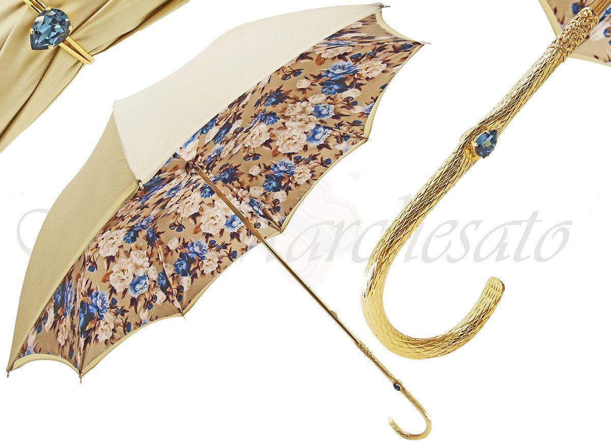 il Marchesato Ladies Flower Umbrella in Cream with Light Blue Flower - il-marchesato