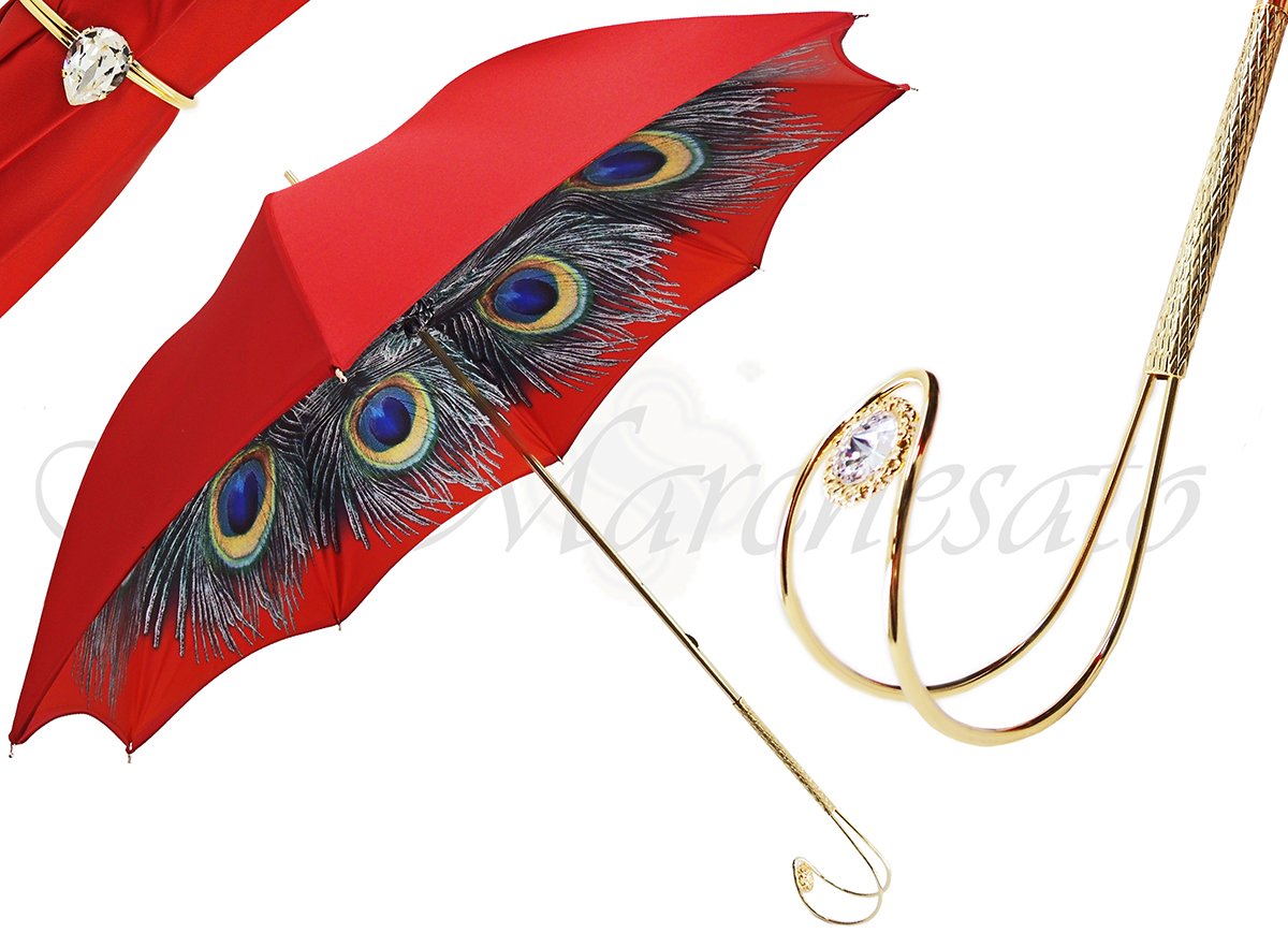 Beautiful Red  Women's Umbrella with Printed Peacock Design - il-marchesato