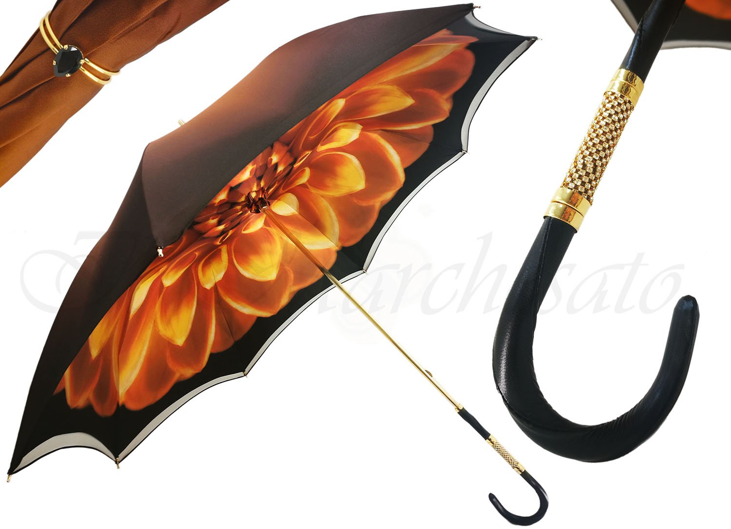 Beautiful Double Canopy Umbrella in a Luxurious Brown Colored Satin Polyester Fabric - il-marchesato