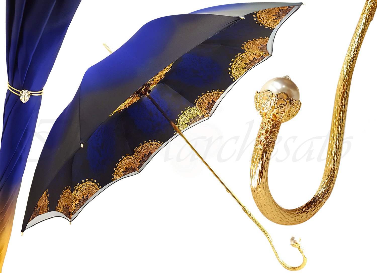 Superb Double Canopy Umbrella Finished in a Luxurious Blue Satin Polyester Fabric - il-marchesato