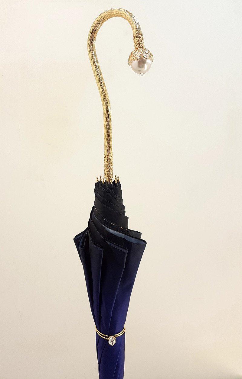 Superb Double Canopy Umbrella Finished in a Luxurious Blue Satin Polyester Fabric - il-marchesato