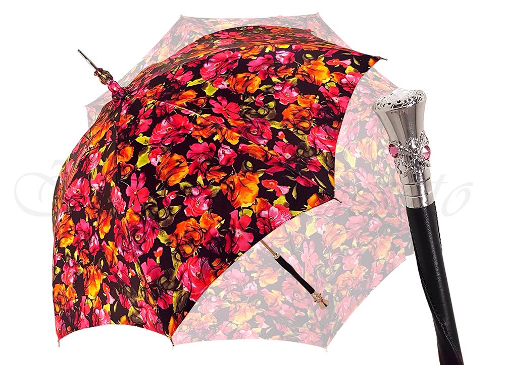 Parasol Multi-Color Floral Umbrella for Women  - Black Leather Handle - il-marchesato