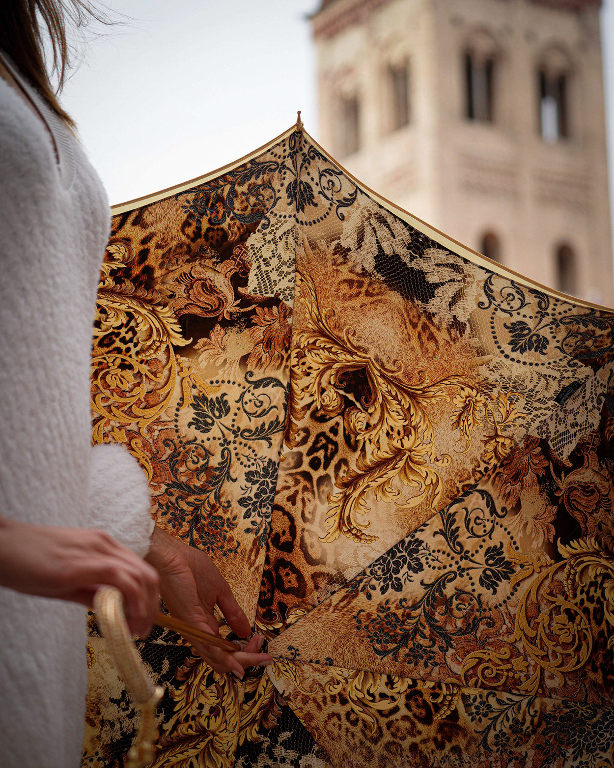 Beautiful Double Canopy Umbrella in a Luxurious Golden Satin